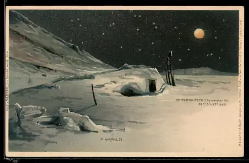 Lithographie Nansen-Expedition, Winterhütte 1895