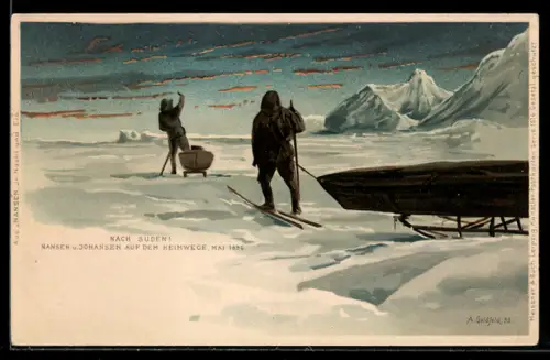 Lithographie Expedition ins Eis, Nansen u. Johansen auf dem Heimwege, Mai 1896