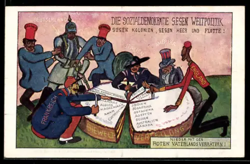 AK Karikatur, Die Sozialdemokratie gegen Weltpoltik, gegen Kolonien und gegen Heer!, Aufteilung der Welt