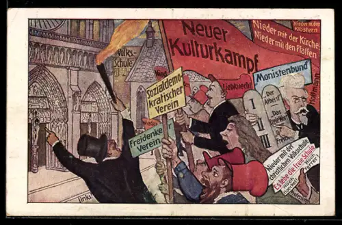 Künstler-AK Das Zentrum Karte 3: Demonstranten mit Schildern: Sozialdemokratischer Verein, Freidenkerverein...