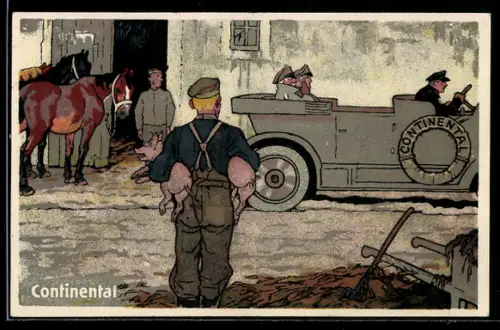 AK Reklame Continental, Mann mit zwei Scheinen schaut zum Auto rüber