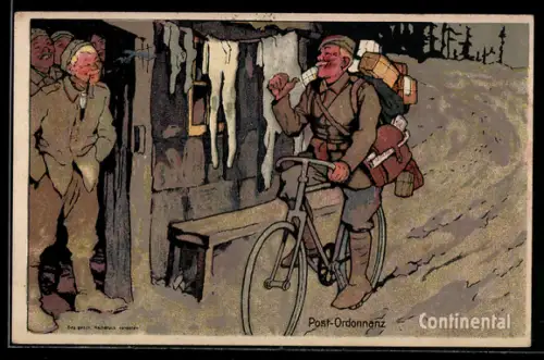 AK Reklame für Continental, Postbote mit Pakten auf seinem Fahrrad