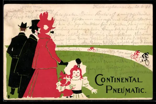 AK Reklame für Continental-Pneumatic, Familie bei einem Fahrrad-Rennen