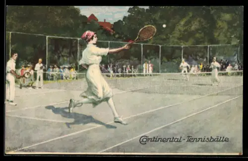 AK Hannover, Continental-Tennisbälle, junge Frau beim Tennisspiel