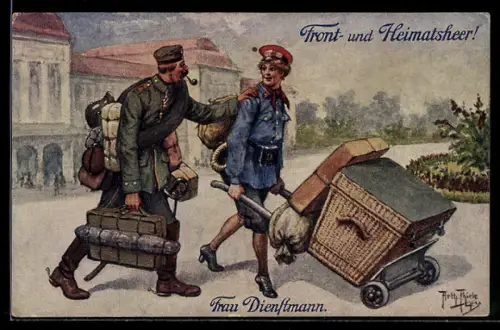 Künstler-AK Arthur Thiele: Front-u. Heimatsheer, Frau Dienstmann
