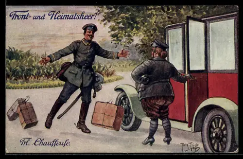 Künstler-AK Arthur Thiele: Front- und Heimatsheer!, Frau Chauffeuse