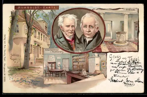 Lithographie Berlin-Tegel, Homboldt-Karte, Portrait A. u. W. v. Humboldt, Schloss, Arbeitszimmer, Atrium