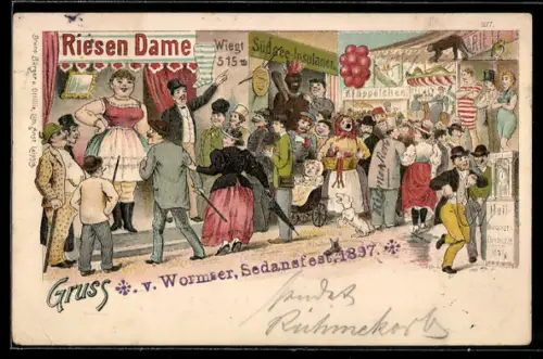 Lithographie Worms, Sedansfest 1897, Volksfest, Riesendame, Südsee-Insulaner, Heilmagnet, Antisemitische Karikatur