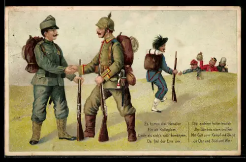 AK Soldaten reichen sich die Hand, Dritter Soldat flüchtet, Zweibund