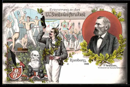 Lithographie Hamburg, IX. Deutsche Turnfest, Gut Heil!, Turner bei Übungen