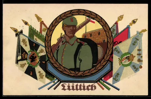 Künstler-AK W.I.: Lüttich, Soldat in Uniform mit geschultertem Gewehr und Flaggen