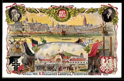 Künstler-AK Frankfurt / Main, XI. Deutsches Turnfest 1908, Gut Heil!, Gesamtansicht und Festhalle, Wappen