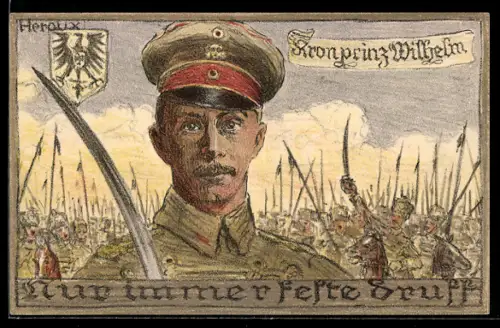 Künstler-AK Bruno Heroux: Porträt Kronprinz Wilhelm von Preussen in Uniform d. Totenkopfhusaren, Wappen