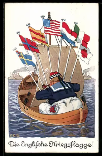Künstler-AK P. O. Engelhard (P.O.E.): die Englische Kriegsflagge, Matrose auf einem kleinen Boot mit Fahnen, Propaganda