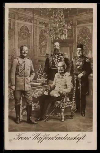AK Vierbund: Kaiser Wilhelm II., Kaiser Franz Josef I. von Österreich, Mehmet V. der Türkei, Ferdinand v. Bulgarien