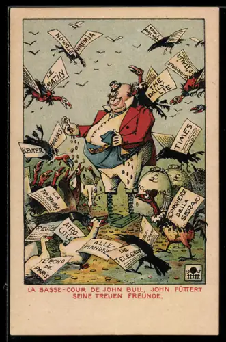 AK John Bull füttert seine treuen Freunde, die Geier und Krähen der Auslandspresse