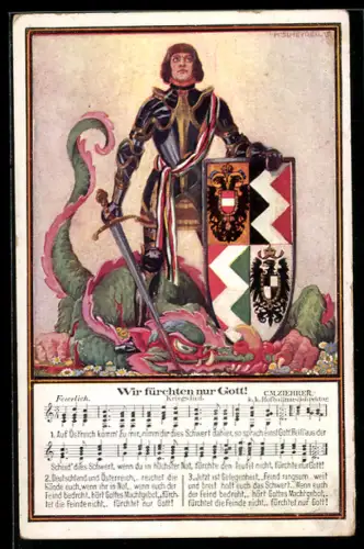 Künstler-AK Rotes Kreuz Nr. 135, Wir fürchten nur Gott!, Ritter hat den Drachen erlegt, Kriegsfürsorge