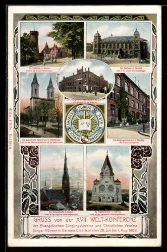 AK Barmen-Elberfeld, XVII. Welt-Konferenz d. evang. Jünglingsvereine,1909, Blick auf Kirche und Stadthalle