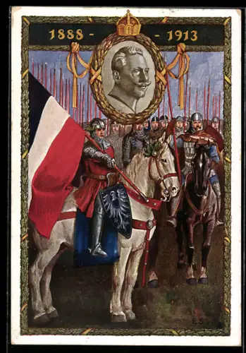 AK Portrait Kaiser Wilhelm II., Kavallerie in Angriffsformation