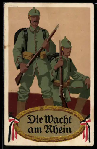 Künstler-AK W.I.: Soldaten bei der Wacht am Rhein