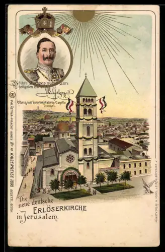 Lithographie Jerusalem, Neue Deutsche Erlöserkirche, Portrait Kaiser Wilhelm II.