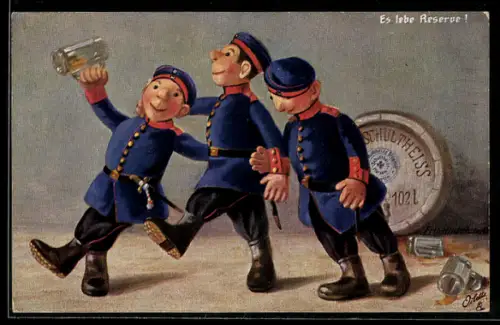 Künstler-AK Fritz Hildebrandt: Es lebe Reserve!, Steiff-Puppen als Soldaten