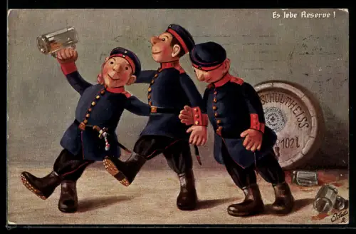 Künstler-AK Fritz Hildebrandt: Es lebe Reserve!, Steiff-Puppen als Soldaten