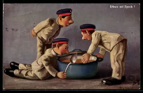 Künstler-AK Fritz Hildebrandt: Steiff-Puppen-Soldaten riechen an Topf mit Erbsen und Speck