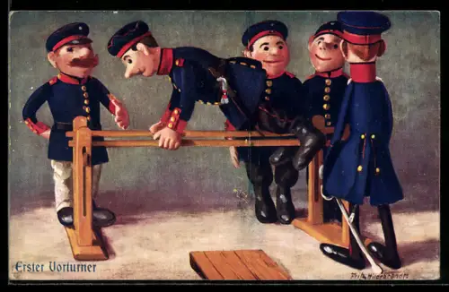 Künstler-AK Fritz Hildebrandt: Steiff-Puppen Soldaten am Barren