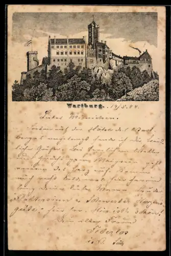 Vorläufer-Lithographie Ganzsache PP6 F154 /05: Eisenach, 1888, Blick auf die Wartburg