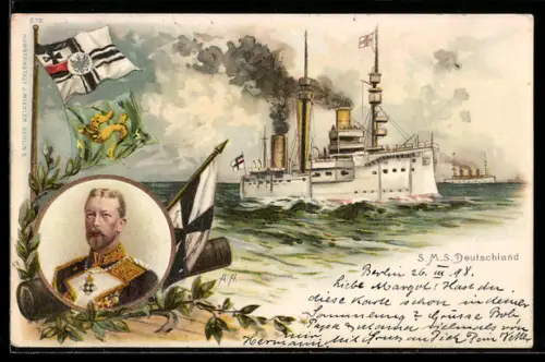 Lithographie Kreuzer S.M.S. Deutschland auf See, Portrait Prinz Heinrich von Preussen, Reichkriegsfahne