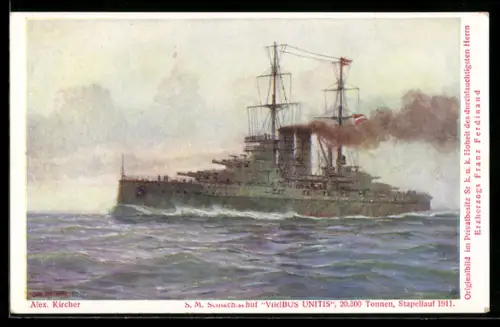 Künstler-AK Harry Heusser: Österreichisches Schlachtschiff S.M.S. Viribus Unitis auf See