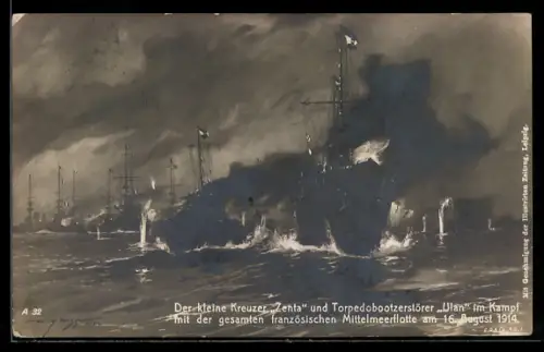 Künstler-AK Harry Heusser: Kleiner Kreuzer Zenta und Torpedobootszerstörer Ulan im Kampf mit der franz. Mittelmeerflotte