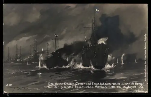 Künstler-AK Harry Heusser: Kleiner Kreuzer Zenta und Torpedobootszerstörer Ulan im Kampf mit der franz. Mittelmeerflotte