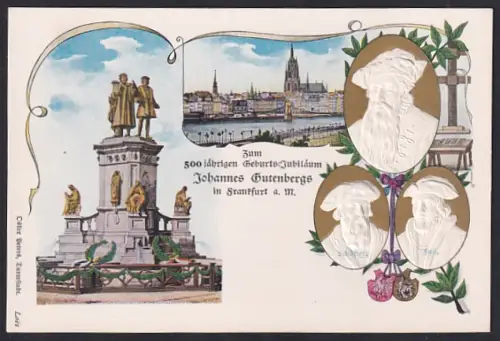 AK Frankfurt a. M., Ganzsache PP15 D8, 500jähriger Geburtstag Johannes Gutenbergs 1900, Denkmal, Panorama der Stadt