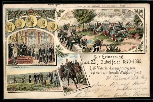 Vorläufer-Lithographie 25jähriges Jubiläum Reichseinigungskriege 1870-1895, Schlacht bei Gravelotte, Übergabe von Sedan