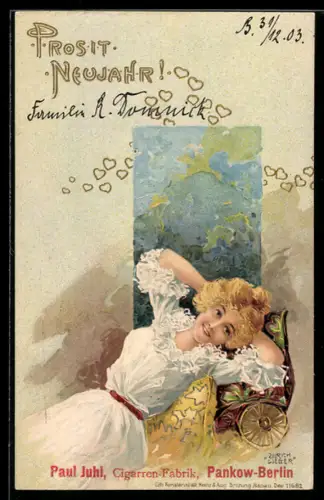 Künstler-AK Ulrich Weber: Pankow-Berlin, Paul Juhl Cigarren-Fanrik, junge Frau im weissen Kleid, Neujahrswünsche