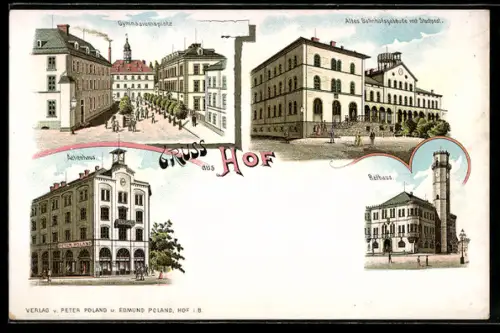 Lithographie Hof i. B., Gymnasiumsplatz, Actienhaus, Rathaus, Altes Bahnhofsgebäude