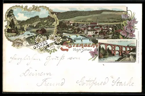Lithographie Elsterberg, Elsterthalbrücke, Partie aus dem Steinigt, Panorama