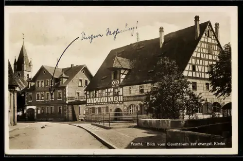 AK Feucht, Blick vom Gausbach zur ev. Kirche am Gasthaus zum schwarzen Adler