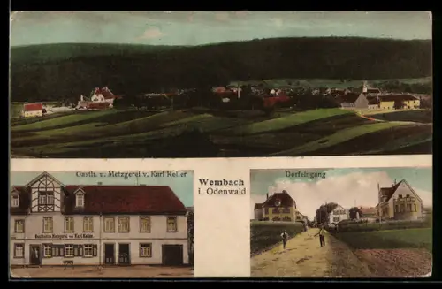 AK Wembach, Gasthaus und Metzgerei v. Karl Keller, Ortseingang, Panorama
