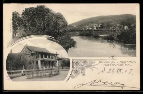 AK Hoffnungsthal, Restaurant und Pension Lindenhof, Besitzer G. Blech, Ortsansicht am See