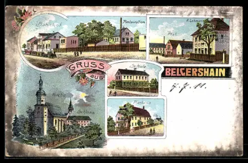 Lithographie Belgershain, Gasthaus H. Lohmann, Restaurant, Bahnhof, Schule, Post, Kirche und Schloss