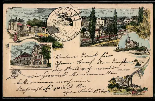 Lithographie Weisser Hirsch, Dr. Lahmann`s Sanatorium, Drahtseilbahn, Dr. Lahmann`s Lufthütten am Walde, Kurhaus