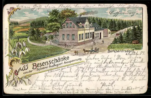 Lithographie Burkhardtsdorf, Gasthaus Besenschänke am Waldrand