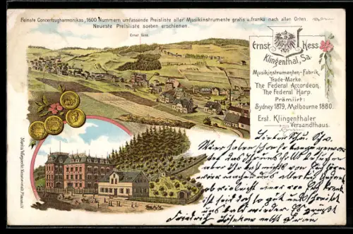 Lithographie Klingenthal /Sa., Musikinstrumenten-Fabrik Ernst Hess, Ortsansicht mit umliegenden Feldern