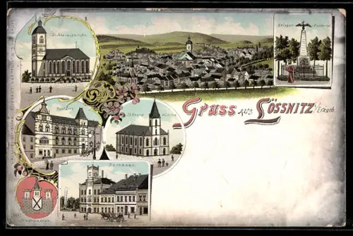 Lithographie Lössnitz i. Erzgeb., Postamt, St. Georg Kirche, Rathaus, Kriegerdenkmal, St. Johanniskirche