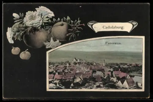 AK Cadolzburg, Panorama mit Kirche, Äpfel und Blumen