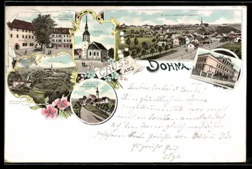 Lithographie Dohna, Ratskeller, Apotheke, Schule, Kirche, Blick vom Schiesshaus, Ortsansicht