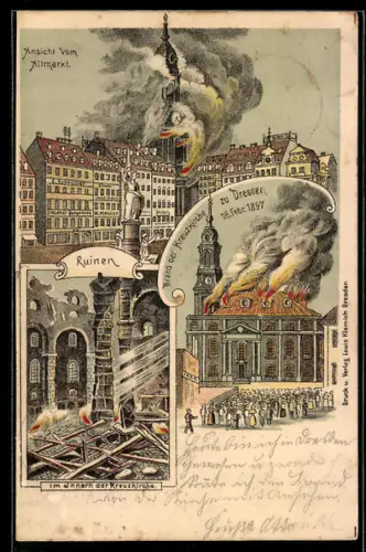 Lithographie Dresden, Brand der Kreuzkirche 1897, Inneres, Ruine, Altmarkt